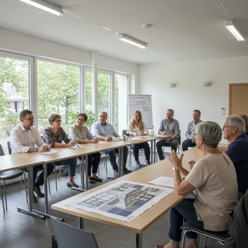 Eigentümerversammlung in Gemeinschaftsraum mit Bauplänen und Ablehnung der Eigentümer